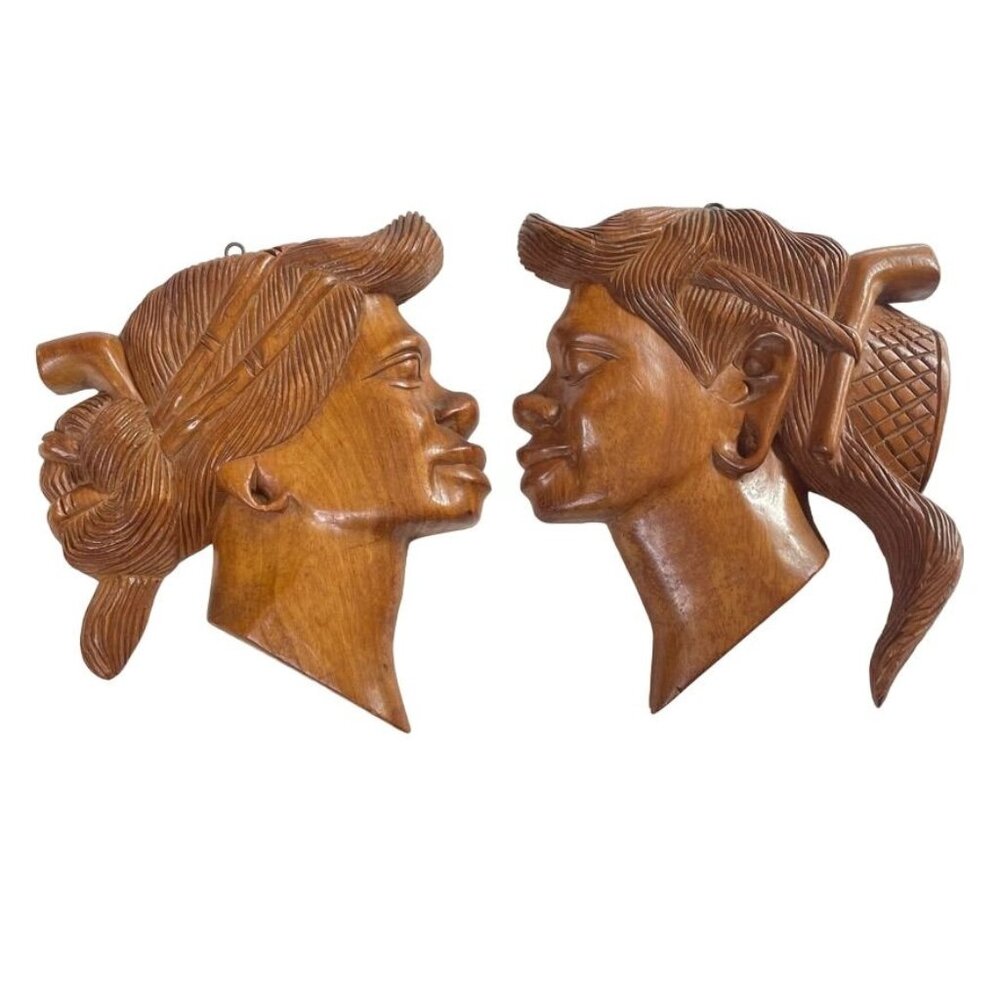Vintage Pair Hand Carved Wood Aztec Mayan Warrior Mexican Folk Art u  Wall Hangi